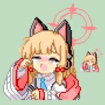  animal_ear_headphones animal_ears blonde_hair blue_archive blush bow cat_ear_headphones cat_ears commentary_request crying fake_animal_ears hair_bow halo headphones keykey117117 long_sleeves lowres momoi_(blue_archive) multiple_girls necktie open_mouth pink_halo pixel_art shirt 