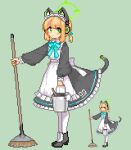  animal_ear_headphones animal_ears apron black_dress blonde_hair blue_archive blush cat_ear_headphones cat_ears commentary_request dress fake_animal_ears green_eyes green_halo halo headphones keykey117117 long_sleeves maid maid_apron maid_headdress midori_(blue_archive) midori_(maid)_(blue_archive) official_alternate_costume pixel_art tail white_apron 