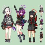  black_hair blue_archive blush commentary_request hair_between_eyes hair_ornament hairclip halo haruka_(blue_archive) hat holding horns justice_task_force_member_(blue_archive) kayoko_(blue_archive) keykey117117 long_hair long_sleeves multiple_girls open_mouth pixel_art problem_solver_68_(blue_archive) purple_eyes purple_hair purple_halo shirt skirt smile 