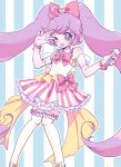  ahoge blue_eyes bow bowtie commentary_request hair_bow long_hair manaka_laala one_eye_closed pink_bow pretty_series pripara purple_hair pyon_ko skirt striped_background striped_clothes striped_skirt treble_clef twintails v vertical-striped_background vertical-striped_clothes vertical-striped_skirt 
