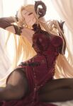  1girl arm_up black_horns black_pantyhose blonde_hair breasts camilla_(duet_night_abyss) commentary ddcc0123 dress duet_night_abyss grin highres horns large_breasts long_hair looking_at_viewer mole mole_under_eye pantyhose purple_eyes red_dress sitting smile solo tagme very_long_hair 