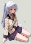  1girl \||/ absurdres angel_beats! arm_at_side black_skirt blush closed_mouth collared_shirt commentary eyelashes eyes_visible_through_hair fingernails full_body grey_background hair_between_eyes hair_intakes highres jacket jtmika kneehighs light_frown long_hair long_sleeves looking_at_viewer miniskirt neck_ribbon no_shoes pleated_skirt ponytail ribbon school_uniform shirt sidelocks simple_background sitting skirt socks solo straight_hair tachibana_kanade tareme white_hair white_shirt white_socks yellow_eyes yellow_jacket yellow_ribbon yokozuwari 
