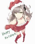  1girl alternate_costume asakiri_koko bare_shoulders boots breasts brown_eyes closed_mouth collarbone commentary_request dress elbow_gloves english_text full_body fur-trimmed_dress fur-trimmed_gloves fur_trim girls'_frontline girls'_frontline_2:_exilium gloves grey_hair hair_ribbon hand_on_own_hip hand_up happy_holidays hat high_heel_boots high_heels highres index_fingers_together knee_boots leva_(girls'_frontline_2) light_smile long_hair looking_at_viewer off-shoulder_dress off_shoulder red_boots red_dress red_gloves red_hat ribbon santa_costume santa_dress santa_hat scar scar_across_eye scar_on_face side_ponytail simple_background small_breasts solo standing strapless strapless_dress ump45_(girls'_frontline) white_background 
