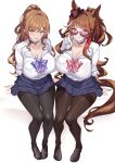  2girls animal_ears bang_dream! black_choker black_pantyhose blue_skirt blush braid breasts brown_hair brown_pantyhose choker cleavage closed_mouth collarbone collared_shirt commentary_request forever_young_(umamusume) full_body green_eyes hat highres horse_ears horse_girl horse_tail imai_lisa large_breasts long_hair long_sleeves looking_at_viewer multiple_girls paid_reward_available pantyhose parted_lips pleated_skirt ponytail purple-tinted_eyewear red_hat shirokuma_a shirt shirt_tucked_in sidelocks simple_background sitting skirt smile sunglasses tail thighband_pantyhose thighs tinted_eyewear umamusume white_background white_shirt yellow_eyes 