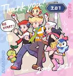  1girl 2boys :d absurdres barry_(pokemon) beanie black_hair black_shirt black_socks blonde_hair boots brown_shoes chimchar commentary_request dawn_(pokemon) green_scarf hat highres holding holding_poke_ball jacket kneehighs long_hair lucas_(pokemon) meeee_hitsuji multiple_boys open_mouth pants pink_boots pink_skirt piplup poke_ball poke_ball_(basic) pokemon pokemon_(creature) pokemon_diamond/pearl/platinum poketch red_hat red_scarf scarf shirt shoes short_sleeves skirt sleeveless sleeveless_shirt smile socks speech_bubble thank_you turtwig vest watch white_hat white_shirt wristwatch 