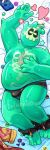 bed blush bone bottomwear bulge clothing clothing_aside dakimakura dakimakura_design dice doug_(monster_con) electronics eyes_closed furniture game_console goo_creature goo_humanoid heart_(organ) heart_symbol hi_res humanoid joshfoxden lying male organs overweight overweight_male pulled_down_shorts rib_cage shirt shirt_aside shorts solo sticker topwear topwear_aside underwear