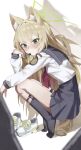  1girl absurdres animal_ear_fluff animal_ears black_socks blonde_hair blue_archive blue_sailor_collar blue_skirt blush chiyo_kami closed_mouth commentary_request fox_ears fox_girl from_side green_eyes green_halo halo highres kneehighs kurumi_(blue_archive) long_hair microphone neckerchief pleated_skirt red_neckerchief sailor_collar school_uniform serafuku shirt skirt socks solo tiptoes white_shirt 