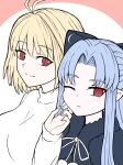  2girls antenna_hair arcueid_brunestud black_bow black_capelet blonde_hair blue_hair blush bow breasts capelet commentary_request curtained_hair hair_intakes hand_on_another's_cheek hand_on_another's_face kagetsu_tooya len_(tsukihime) long_hair long_sidelocks looking_at_another multiple_girls one_eye_closed pointy_ears pom_pom_(clothes) red_eyes short_hair sidelocks smile sweater tsukihime ttmt turtleneck turtleneck_sweater upper_body white_sweater 