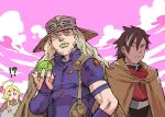  1girl 2boys blonde_hair commentary_request crossover dark-skinned_male dark_skin forbartz_xylo gyro_zeppeli highres jojo_no_kimyou_na_bouken long_hair multiple_boys pink_sky purple_shirt shirt sky spiked_hair steel_ball_(jojo) steel_ball_run teoritta ueyama_michirou yuushakei_ni_shosu 