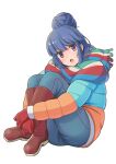  1girl blue_background blue_hair blue_jacket blue_pants blue_scarf boots brown_boots brown_scarf commentary_request curled_up denim down_jacket full_body gloves green_scarf hair_bun highres huge_hair_bun hugging_own_legs jacket jeans knee_boots knees_up looking_at_viewer matebashi multicolored_jacket multicolored_scarf open_mouth orange_jacket pants pinecone purple_eyes red_gloves red_scarf scarf shima_rin single_hair_bun sitting solo striped_clothes striped_scarf two-tone_jacket white_background yurucamp 