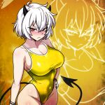  1girl alt_text black_horns blush breasts commentary_request cowboy_shot demon_girl demon_horns demon_tail frown fujita_yoshinobu_(ksk_oda) gold_one-piece_swimsuit hair_between_eyes helltaker highleg highleg_one-piece_swimsuit highres horns large_breasts looking_at_viewer malina_(helltaker) one-piece_swimsuit red_eyes short_hair solo swimsuit tail wet white_hair yellow_background 