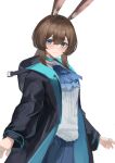 1girl absurdres amiya_(arknights) animal_ear_fluff animal_ears aqua_collar aqua_eyes aqua_jacket arknights ascot black_jacket blue_ascot blue_skirt blush brown_hair closed_mouth collar cowboy_shot highres hood hood_down hooded_jacket jacket jewelry long_hair long_sleeves looking_at_viewer multicolored_jacket multiple_rings open_clothes open_jacket rabbit_ears rabbit_girl remapack77 ring shirt skirt solo two-tone_jacket white_shirt 