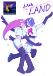  1boy 1girl baizhou_meng black_gloves closed_eyes earrings full_body gloves grin highres james_(pokemon) jessie_(pokemon) jewelry la_la_land long_hair midriff pink_hair pokemon pokemon_(anime) pokemon_(classic_anime) purple_hair reference_inset smile sphere_earrings team_rocket 