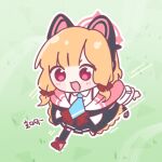  1girl :3 :d animal_ear_headphones animal_ears black_skirt black_thighhighs blonde_hair blue_archive blue_necktie blunt_bangs blush_stickers boots cat_ear_headphones cat_ears chibi chibi_only collared_shirt commentary fake_animal_ears full_body gorokara grass halo headphones long_sleeves momoi_(blue_archive) motion_lines necktie open_mouth outline pink_boots pink_eyes pink_halo pleated_skirt running shirt short_hair skirt smile solo standing standing_on_one_leg thighhighs untranslatable_commentary v-shaped_eyebrows white_outline white_shirt 