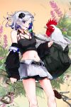  1girl absurdres bag bird black_bag black_sleeves blue_eyes blue_hair breasts cevio chicken cleavage clock colored_inner_hair detached_sleeves drink_carton drinking_straw drinking_straw_in_mouth feet_out_of_frame flower hair_ornament highres holding_clock juice_box kamitsubaki_studio long_sleeves looking_at_viewer medium_breasts medium_hair midriff miniskirt mouth_hold multicolored_hair navel pleated_skirt purple_flower rime_(cevio) rooster skirt solo thighs torahiko_(torahiko_no2) white_hair white_skirt yellow_background 