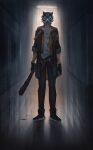  1boy absurdres arm_ribbon baseball_bat belt black_boots black_gloves black_jacket black_pants blood blood_from_mouth blood_on_clothes blood_on_ground blood_on_weapon boots caelus_(honkai:_star_rail) collarbone commentary covered_eyes english_commentary fingerless_gloves full_body gloves grey_belt grey_hair highres holding holding_baseball_bat honkai:_star_rail honkai_(series) hood hooded_jacket implied_murder indoors jacket lamp lapels long_sleeves male_focus mask open_clothes open_jacket orange_jacket pants purple_toffee raccoon_mask ribbon shirt short_hair solo standing supplicant_mask t-shirt trailblazer_(honkai:_star_rail) two-sided_fabric two-sided_jacket weapon white_shirt 