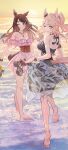  2girls absurdres animal_ears armpits bare_shoulders barefoot bikini black_bikini blonde_hair blush breasts brown_corset brown_hair cleavage commentary_request corset dress feet full_body gold_city_(boho_flare)_(umamusume) gold_city_(umamusume) highres holding holding_shoes holding_unworn_clothes horizon horse_ears horse_girl horse_tail kneepits large_breasts looking_at_viewer multiple_girls nabe_puyo ocean off-shoulder_dress off_shoulder official_alternate_costume official_alternate_hairstyle one_eye_closed pink_dress ponytail sandals shoes sky soles standing sun sunset swimsuit tail tail_through_clothes toes tosen_jordan_(aurore_vacances)_(umamusume) tosen_jordan_(umamusume) umamusume unworn_shoes yellow_sky 
