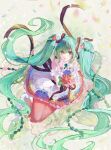  1girl blush bouquet dress dress_ribbon floating_hair floating_ribbon flower flower_sleeves frilled_dress frills from_above fuchikoto green_eyes green_hair hair_flower hair_ornament hair_ribbon hatsune_miku highres holding holding_bouquet leaf long_sleeves looking_at_viewer looking_up pantyhose purple_flower red_dress red_flower red_pantyhose ribbon see-through_collar short_sleeves sitting smile solo twintails two-tone_dress vocaloid white_dress white_sleeves 