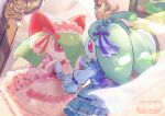  abe_(kumayu) blue_bow bow closed_mouth clothed_pokemon commentary_request dress eye_contact flower gloves green_hair highres holding_hands indoors kirlia looking_at_another mirror painting_(object) picture_frame pink_flower pokemon pokemon_(creature) pokemon_focus red_eyes ribbon smile steenee watermark 