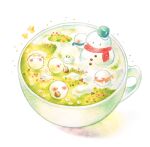  basket blue_scarf blush bug butterfly colored_pencil_(medium) commentary_request cup ghost grass highres holding holding_basket no_humans orange_scarf original red_scarf scarf simple_background snow snow_rabbit snowman teacup traditional_media white_background yellow_butterfly yukichi_0611 