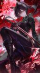  1girl absurdres animal_ear_fluff animal_ears black_bodysuit black_boots black_gloves black_hair bodysuit boots breaking broken_glass character_request commission copyright_request english_commentary glass glint gloves green_scarf highres holding holding_sword holding_weapon katana knee_boots leather_bodysuit long_hair looking_at_viewer mole mole_under_eye moon ponytail red_eyes red_moon red_sky renoahh scarf sitting sky solo sword weapon wolf_ears 