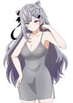  1girl airei_363 alternate_costume bare_shoulders black_nightgown blush breasts cleavage commentary grey_eyes grey_hair hair_between_eyes highres hololive hololive_indonesia lace_trim large_breasts looking_at_viewer nightgown sleepwear solo vestia_zeta virtual_youtuber 