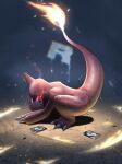 charmeleon chromatic_aberration claws eye_trail fire flame-tipped_tail full_body highres light_trail no_humans pokemon pokemon_(creature) pokemon_tcg red_eyes retrogalit solo squatting tail team_rocket trading_card 