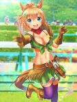  1girl animal_ears armband bandana bandeau bare_shoulders blue_eyes blush breasts brown_gloves brown_hair cleavage colt_single_action_army commentary_request cowboy_hat fingerless_gloves gloves green_armband green_bandeau green_skirt gun hair_ornament hat hat_on_back holstered horse_ears horse_girl horse_tail large_breasts long_hair looking_at_viewer midriff multiple_others navel open_mouth ponytail purple_thighhighs red_bandana revolver sheriff_badge skirt smile star_(symbol) star_hair_ornament sugimotty_nova taiki_shuttle_(umamusume) taiki_shuttle_(wild_frontier)_(umamusume) tail teeth thighhighs umamusume upper_teeth_only weapon 