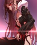  1girl absurdres breasts brown_hair cleavage consort_yu_(fate) ear_piercing fate/grand_order fate_(series) fur_trim highres hinomoto_madoka long_hair looking_at_viewer piercing red_eyes revealing_clothes sleeves_past_wrists solo 