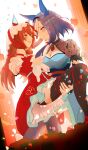  2girls absurdres admire_groove_(glacial_queen)_(umamusume) admire_groove_(umamusume) animal_ears black_thighhighs blue_dress blue_hair blush breasts brown_hair carrying cleavage closed_mouth commentary_request detached_sleeves dress ear_covers ear_ribbon eye_contact ginmusou373 hair_between_eyes hairband hand_on_another's_cheek hand_on_another's_face highres horse_ears horse_girl large_breasts long_hair looking_at_another mole mole_under_mouth multicolored_hair multiple_girls necktie open_mouth petals princess_carry purple_eyes red_dress red_eyes red_necktie red_ribbon ribbon short_necktie short_sleeves smile still_in_love_(scarlet_vow_raiment)_(umamusume) still_in_love_(umamusume) streaked_hair thighhighs umamusume veil white_hair white_streaks white_veil yuri 