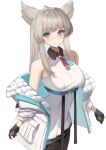  1girl absurdres ahoge animal_ears aqua_belt aqua_eyes aqua_jacket arknights arknights:_endfield bare_shoulders belt bird_ears bird_girl black_dress black_gloves black_pantyhose blush closed_mouth commentary_request cowboy_shot dress gloves grey_hair highres jacket long_hair looking_at_viewer multicolored_dress multicolored_gloves multicolored_jacket off_shoulder open_clothes open_jacket pantyhose perlica_(arknights) remapack77 short_dress simple_background sleeveless sleeveless_dress solo two-tone_dress two-tone_gloves two-tone_jacket underbust white_background white_dress white_jacket yellow_gloves yellow_pupils 