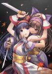  2girls ainu_clothes armpits arms_up autumn_leaves behind_another bilingual_commentary black_hair blue_eyes bow bridal_gauntlets brown_eyes brown_hair cheek-to-cheek closed_mouth commentary cowboy_shot dargain_x dual_persona falling_leaves hair_bow hairband hand_on_another's_cheek hand_on_another's_face hand_on_another's_head heads_together highres holding holding_knife knife leaf light_particles long_hair looking_at_another mixed-language_commentary multiple_girls murasaki_nakoruru nakoruru open_mouth purple_bow purple_hairband red_bow red_hairband samurai_spirits sash sheath smile standing unsheathed white_bridal_gauntlets yellow_sash 