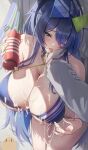  1boy 1girl absurdres azur_lane bikini blue-tinted_eyewear blue_bikini blue_eyes blue_hair breasts cleavage commander_(azur_lane) commentary dress eyewear_on_head gainoob green-tinted_eyewear halterneck hand_on_another's_cheek hand_on_another's_face heterochromatic_eyewear highres huge_breasts leaning_forward long_hair looking_at_viewer lube_on_breasts manjuu_(azur_lane) new_jersey_(azur_lane) new_jersey_(midsummer_leisure)_(azur_lane) o-ring o-ring_bikini official_alternate_costume one_eye_closed sexually_suggestive simulated_bukkake suggestive_fluid swimsuit tinted_eyewear tongue tongue_out triangular_eyewear very_long_hair white_dress 
