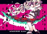  1boy argyle_background bare_shoulders belt belt_buckle black_belt black_boots black_sleeves blonde_hair boots buckle closed_mouth colored_shadow colored_skin commentary_request copyright_name crossdressing crossdressing_(mtf) deformed detached_sleeves drop_shadow feet_out_of_frame gatchaman_crowds green_eyes groin knee_boots knees_together_feet_apart letterboxed long_hair looking_at_viewer male_focus multicolored_skin nail_polish navel ninomiya_rui outside_border pink_background red-framed_eyewear red_nails semi-rimless_eyewear shadow side_ponytail skirt sleeves_past_wrists solo standing striped_clothes striped_skirt tadanoiro thigh_belt thigh_strap trap two-tone_skin under-rim_eyewear vertical-striped_clothes vertical-striped_skirt very_long_hair wardrobe_malfunction 