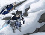  absurd_res armor astromech_droid black_hair blue_eyes blue_lightsaber canid canine canis crash_landing fur grey_body grey_fur hair hi_res jedi jedi_tunic kailun_setra lightsaber long_hair mammal melee_weapon mountain setriaphtfj snow star_wars starfighter weapon wolf 