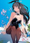  1girl :o absurdres animal_ear_hairband animal_ears arm_support back_hair bare_arms bare_shoulders black_bow black_bowtie black_leotard black_pantyhose blue_eyes blue_sky bow bowtie breasts cesar_art456 cherry_blossoms cleavage commentary day detached_collar drink_carton english_commentary fake_animal_ears feet_out_of_frame floating_hair hair_ornament hairband hairclip heart highleg highleg_leotard highres juice juice_box large_breasts leotard long_hair looking_to_the_side orange_juice outdoors pantyhose parted_lips playboy_bunny rabbit_ear_hairband rabbit_ears sakurajima_mai seishun_buta_yarou sitting sky solo spoken_heart strapless strapless_leotard tree turning_head twitter_username white_wrist_cuffs wrist_cuffs 