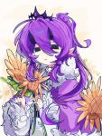  1boy androgynous animification ascot bishounen blouse brooch cape chinese_commentary commentary_request crown flower fur-trimmed_cape fur_trim highres holding holding_flower horns humanization jewelry long_hair long_sleeves male_focus minecraft_youtube nie_er_xiaotiqin_ni_jueqi_ba pointy_ears ponytail purple_cape purple_eyes purple_hair purple_horns shirt solo sunflower unstable_universe very_long_hair wemmbu white_ascot white_shirt yellow_flower 