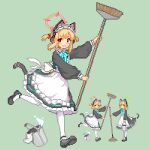  animal_ear_headphones animal_ears blonde_hair blue_archive blush bow cat_ear_headphones cat_ears commentary_request fake_animal_ears hair_bow halo headphones keykey117117 long_sleeves maid momoi_(blue_archive) multiple_girls necktie open_mouth pink_halo pixel_art shirt siblings sisters twins 