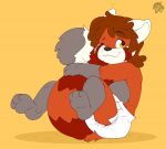  3_toes ailurid ambiguous_gender anthro artist_logo black_nose blush blush_lines brown_hair bubblepuppers clean_diaper clothed clothing diaper diaper_only dipstick_tail feet full-length_portrait fur gloves_(marking) grey_body grey_fur grey_tail grey_tail_tip hair hugging_own_tail leg_markings logo mammal markings multicolored_body multicolored_fur multicolored_tail one_eye_closed orange_body orange_fur orange_tail portrait red_panda ring_(marking) ringed_tail rolo_(redpandarolo) self_hug simple_background sitting sitting_on_diaper smile socks_(marking) solo striped_markings striped_tail stripes tail tail_markings three-quarter_view toes topless wearing_diaper white_body white_diaper white_ears white_fur white_inner_ear white_tail yellow_background 