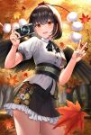  1girl :d autumn autumn_leaves bird_wings black_hair black_ribbon black_skirt black_wings blush breasts brown_eyes buttons camera collared_shirt commentary_request contrapposto cowboy_shot day dress_shirt falling_leaves feathered_wings fingernails forest frilled_skirt frills gradient_eyes hair_between_eyes hair_intakes hat highres holding holding_camera leaf leaf_print looking_at_viewer maple_leaf multicolored_eyes nature neck_ribbon open_mouth orange_eyes outdoors pleated_skirt pom_pom_(clothes) puffy_short_sleeves puffy_sleeves red_hat ribbon sash shameimaru_aya shirt short_sleeves skirt smile solo standing tokin_hat touhou tree uemura_shun v white_shirt wing_collar wings 