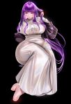  1girl barefoot belly black_background blending breasts brown_jacket commentary covered_navel dress english_commentary faceless faceless_female feet fern_(sousou_no_frieren) highres holding_own_hair invisible_chair jacket large_breasts myuutew off_shoulder plump purple_hair sitting solo sousou_no_frieren thick_thighs thighs toenails toes white_dress wide_hips 