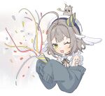  1girl ahoge beret black_cardigan brown_hair cardigan green_eyes hat highres indie_virtual_youtuber looking_at_viewer maplesights oimo_buster one_eye_closed open_mouth party_hat party_popper short_hair smile solo virtual_youtuber white_background white_hat 