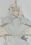  ! !! 1girl alternate_costume anger_vein angry annoyed arms_up bare_shoulders bazo_(vestia_zeta) black_nightgown blue_eyes blush breasts cleavage colored_pencil_(medium) commentary dated graphite_(medium) grey_hair hair_between_eyes highres holding holding_sword holding_weapon hololive hololive_indonesia iiner0ii katana lace_trim large_breasts looking_at_viewer nightgown signature sleepwear solo spread_legs sword thighs traditional_media vestia_zeta virtual_youtuber weapon 