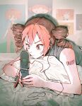  1girl bare_shoulders cellphone character_charm charm_(object) copyright_request digital_walkman drill_hair earphones hatsune_miku highres kasane_teto listening_to_music looking_at_phone lying mesmerizer_(vocaloid) mochikimana mp3_player on_bed on_stomach phone portrait poster_(object) red_hair single_bare_shoulder solo synthesizer_v twin_drills vocaloid 