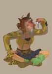  ahoge animal_ears bandeau braid breasts brown_hair closed_mouth collarbone crossed_legs green_socks hair_between_eyes hair_ornament hairclip half_up_braid half_up_half_down_braid highres holding holding_jewelry holding_necklace horse_ears horse_girl jacket jewelry jungle_pocket_(champion's_battle_cry)_(umamusume) jungle_pocket_(umamusume) long_sleeves medium_hair midriff navel necklace notched_ear one_eye_closed open_clothes single_loose_sock sitting skirt small_breasts socks umamusume yellow_bandeau yellow_eyes yellow_jacket zytl 