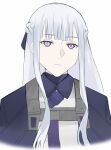  1girl ak-12_(girls'_frontline) artificial_eye asakiri_koko blue_cloak braid cloak closed_mouth commentary_request girls'_frontline grey_hair hair_ribbon highres jacket long_hair looking_at_viewer mechanical_eyes purple_eyes ribbon side_braid sidelocks simple_background solo tactical_clothes upper_body white_background white_jacket 