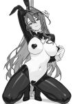  1girl absurdres ahoge animal_ears arm_behind_head arm_up black_hiphighs breasts collared_shrug commentary commission danimocles elizabeth_rose_bloodflame english_commentary fake_animal_ears fire_on_chest frontless_outfit greyscale grin heart_maebari heart_pasties high_heels highres hiphighs hololive hololive_english huge_ahoge large_breasts long_hair looking_at_viewer maebari monochrome navel nipples pasties pole rabbit_ears removing_pasties revealing_clothes reverse_bunnysuit reverse_outfit shrug_(clothing) simple_background single_hair_intake single_sidelock smile solo stomach stripper_pole unfinished very_long_hair virtual_youtuber 