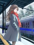  1girl absurdres black_pantyhose blue_coat brown_hair brown_skirt coat commentary_request cropped_legs earrings from_side hands_in_pockets highres hood hood_down hooded_coat jewelry long_hair looking_at_viewer lyandi multiple_unit_train open_mouth original outdoors pantyhose plaid_clothes plaid_scarf pleated_skirt red_scarf scarf skirt solo train train_station train_station_platform tree winter winter_clothes 