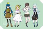  4girls adapted_costume alternate_costume animal_charm bag bag_charm black_hairband black_skirt black_thighhighs blue_eyes blue_hair blue_shoes blue_socks book breasts brown_bag brown_hair brown_shirt brown_skirt charm_(object) commentary_request deer dress facial_mark fold-over_boots full_body grey_hair grey_skirt grey_socks hair_ornament hairband highres holding holding_bag holding_book iwanaga_ariya katsuragi_atori loafers long_hair long_sleeves looking_at_viewer michigami_nareko missing_wings multiple_girls necktie open_mouth pleated_skirt puffy_short_sleeves puffy_sleeves red_eyes school_uniform shell shell_hair_ornament shirt shoes short_sleeves skirt small_breasts smile socks sphere_hair_ornament thighhighs touhou translation_request triangle triangle_facial_mark very_long_hair watari_nina watermark white_dress white_shirt yellow_eyes yellow_hairband yellow_necktie yuiman_asama 
