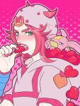  1boy absurdres aqua_eyes arm_warmers beanie blue_arm_warmers blush commentary eating grey_hat grey_hoodie grey_sleeves hat heart heart_ornament highres hood hood_down hoodie horseshoe_hat_ornament horseshoe_ornament johnny_joestar jojo_no_kimyou_na_bouken m_a_a_m_8 makeup male_focus nail_polish open_mouth pink_background pink_hair pink_nails pink_sleeves pink_theme solo stand_(jojo) star_(symbol) star_print steel_ball_run tusk_(stand) tusk_act1 two-tone_sleeves untranslatable_commentary 